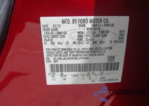 2013 Lincoln Mkx из США, поврежденный, VIN 2LMDJ6JK0DBL07044